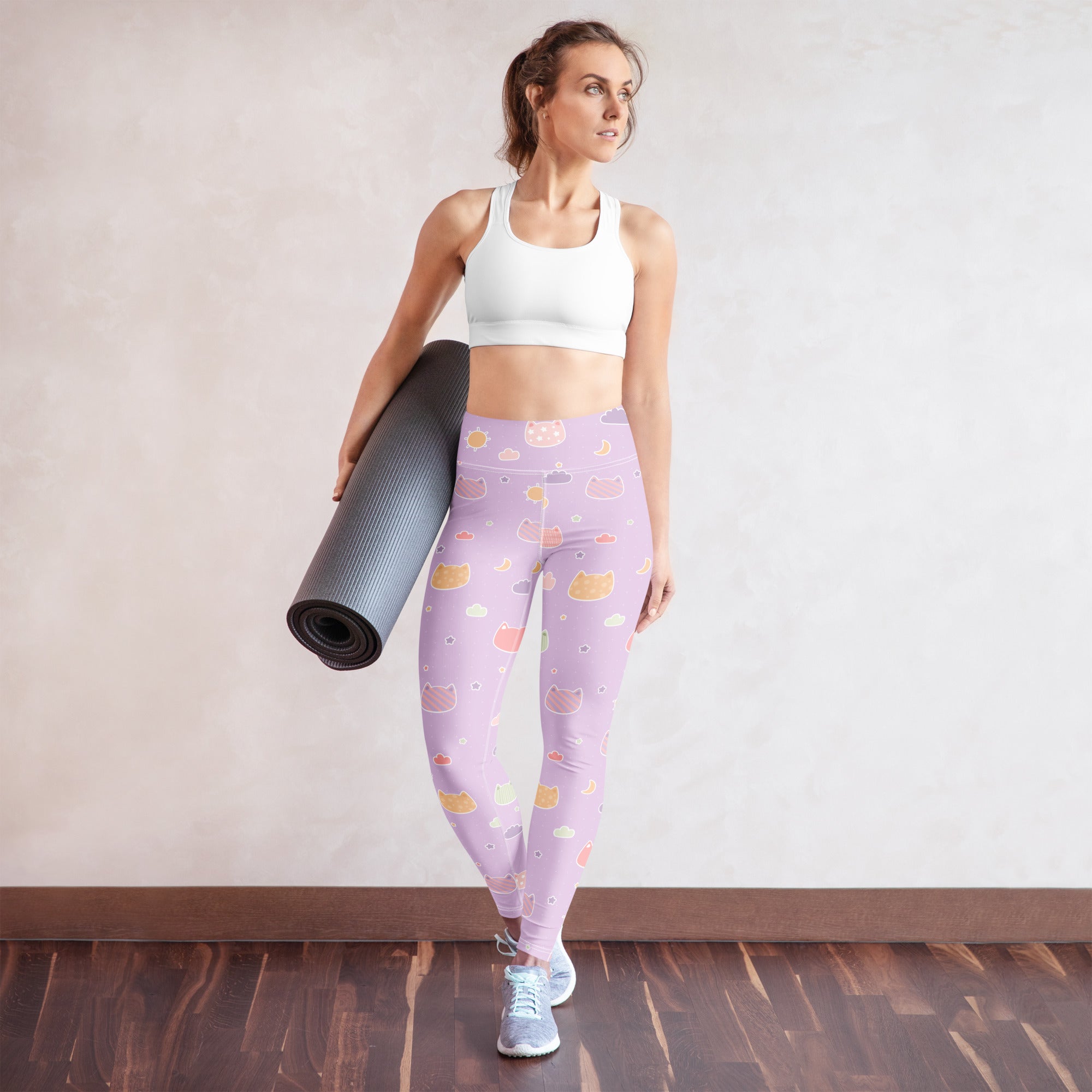 Women’s pastel purple kawaii cats and clouds buttery soft yoga leggings with playful pastel cat and cloud pattern