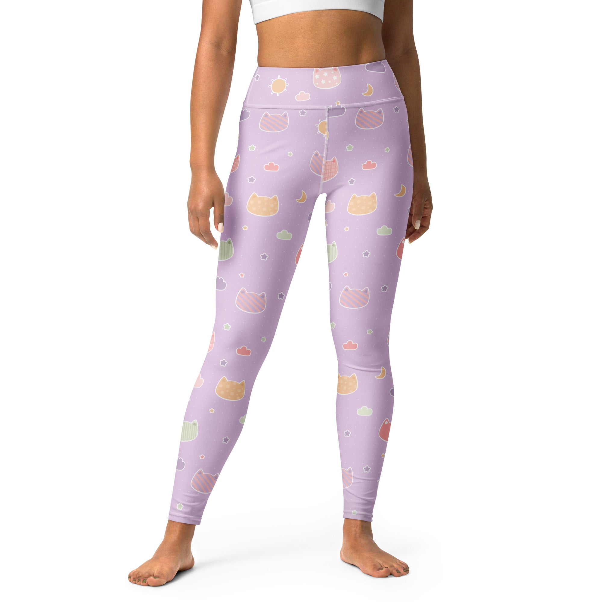 Women’s pastel purple kawaii cats and clouds buttery soft high-waisted yoga leggings with playful pattern