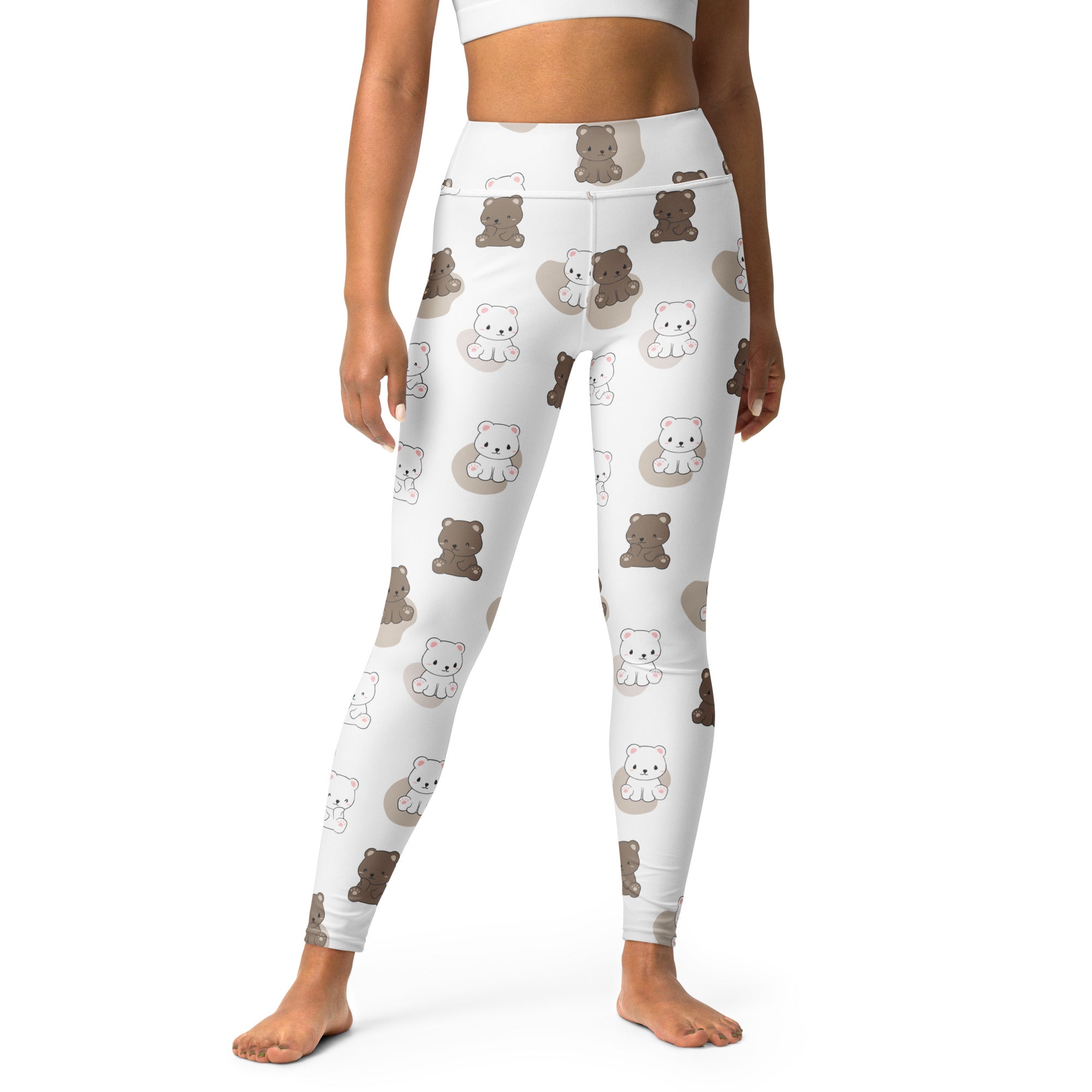 White women’s cute teddy bear buttery soft yoga leggings with playful brown and white cartoon bear pattern