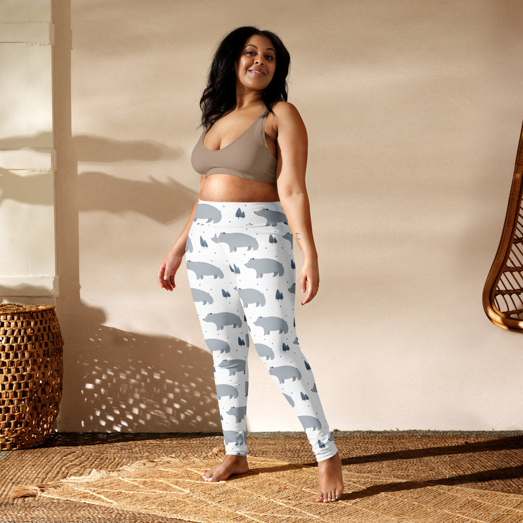 White buttery soft yoga leggings featuring a gray bear and small tree pattern for women