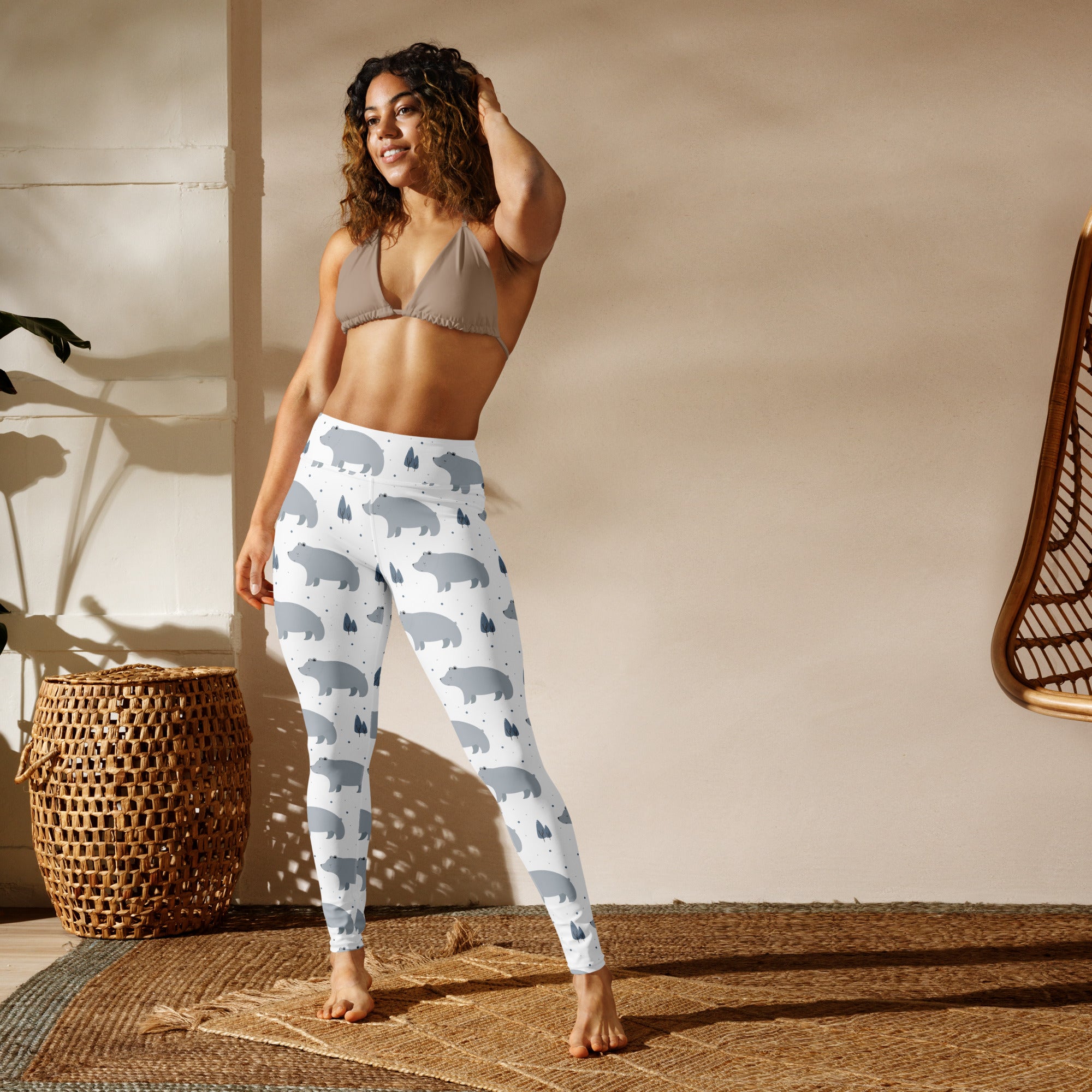 Women’s white buttery soft yoga leggings with gray bear and pine tree pattern for comfortable activewear