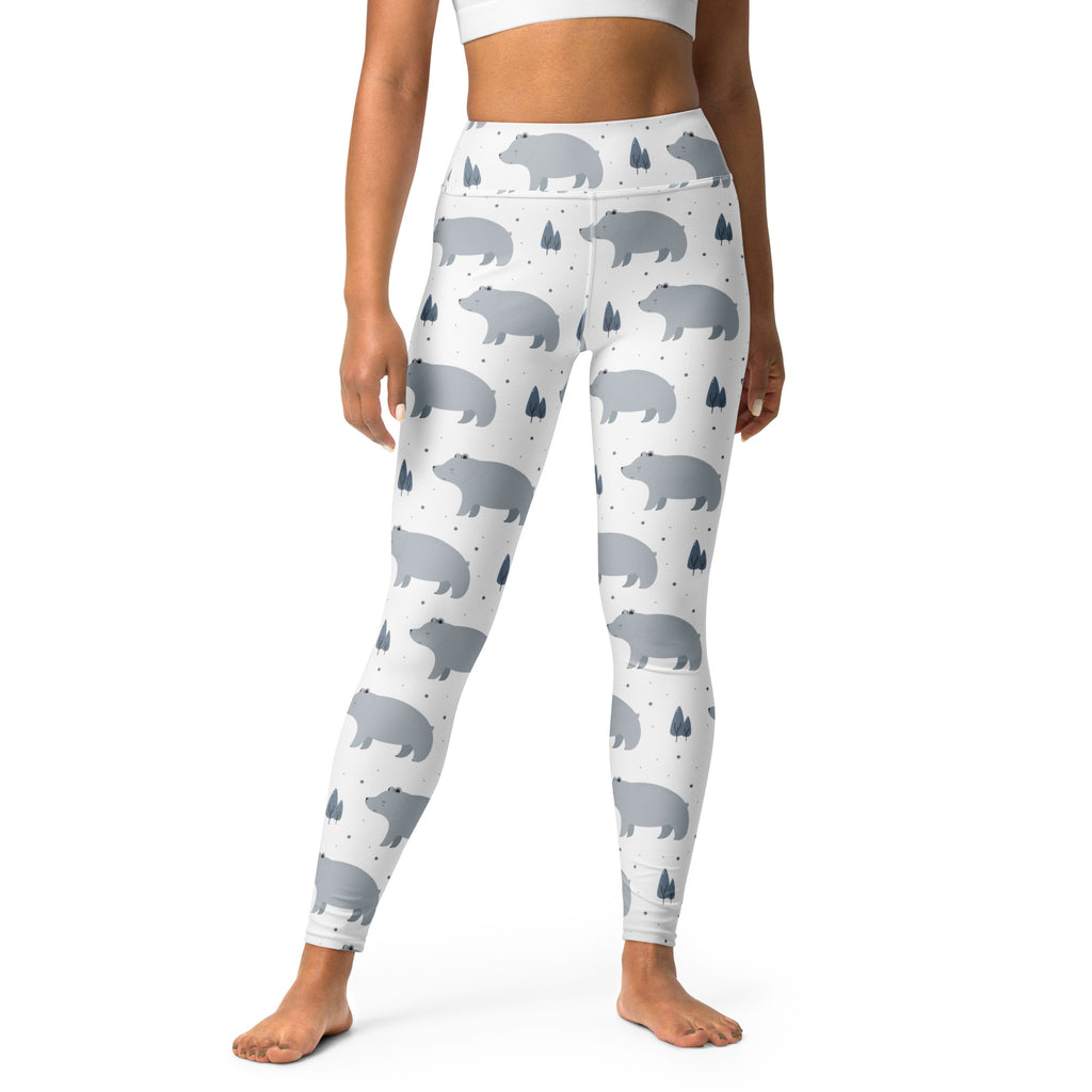 White high-waisted womens buttery soft yoga leggings with gray bear and dark green pine tree pattern