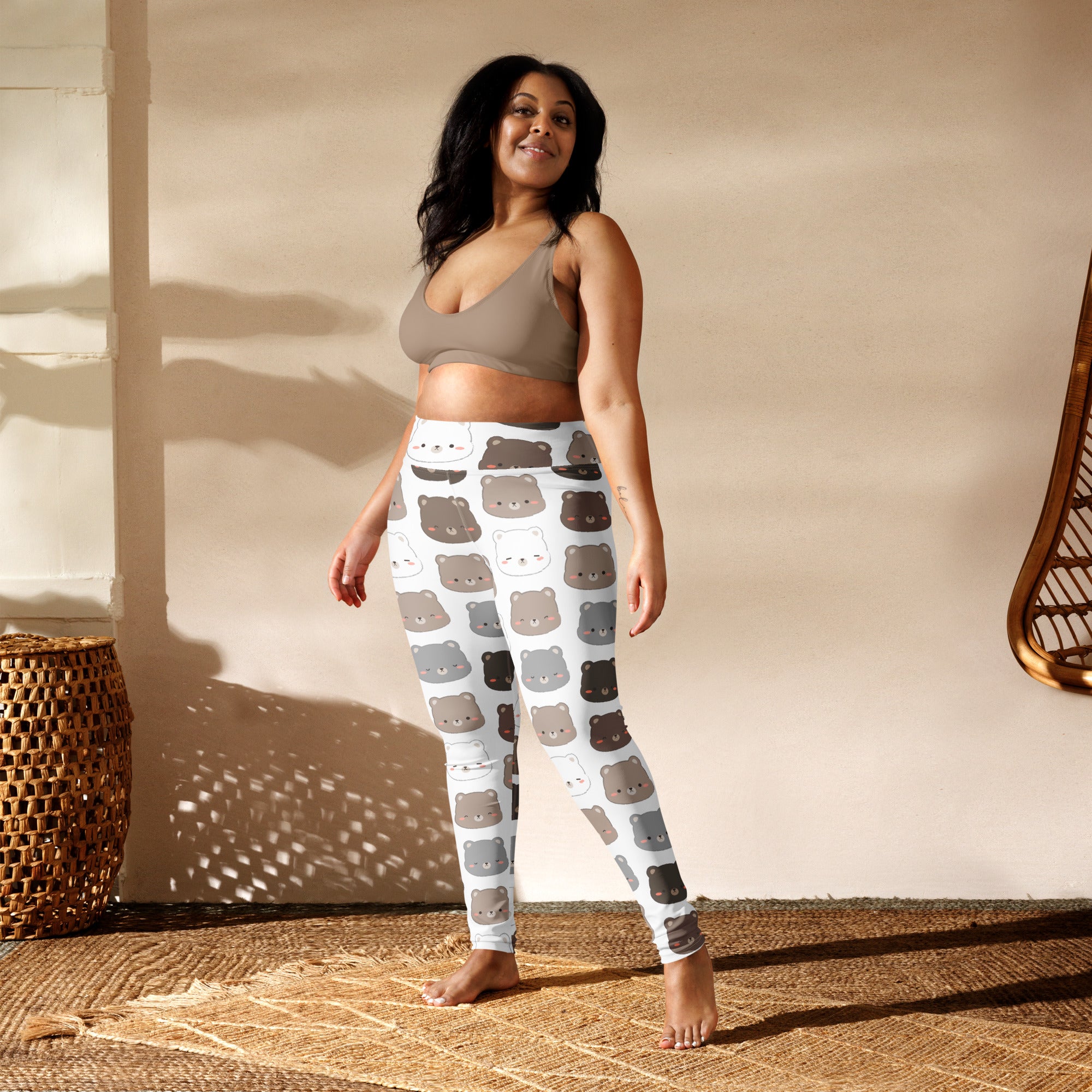 White buttery soft yoga leggings with cute cartoon bear faces in brown gray and black for women