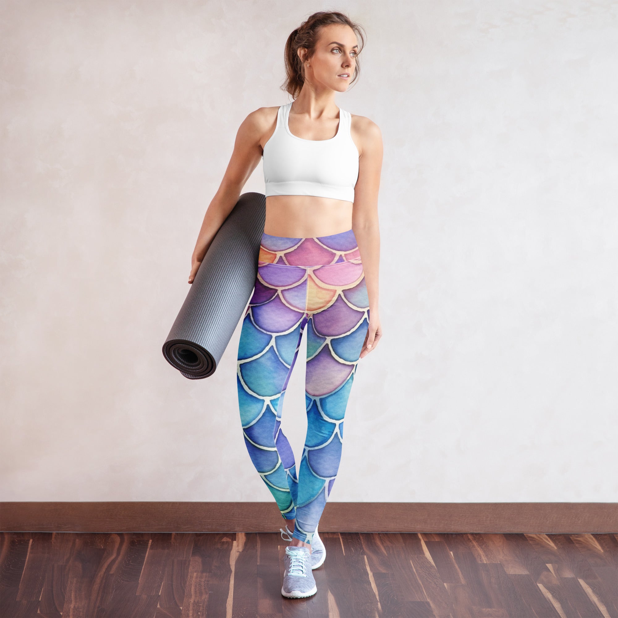 Women’s watercolor mermaid buttery soft yoga leggings with mermaid-scale pattern in purple pink blue and teal gradient hues