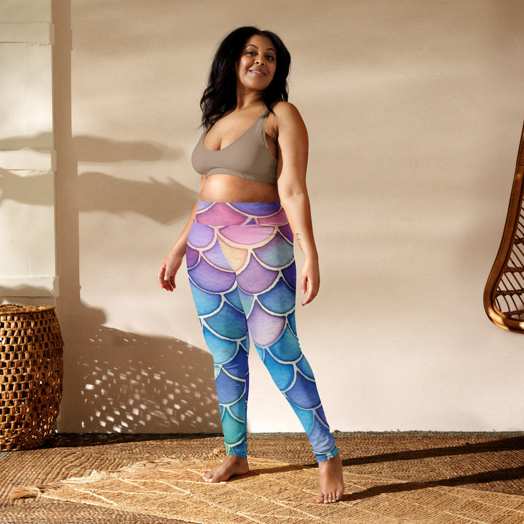 Women’s watercolor mermaid buttery soft yoga leggings with mermaid-scale pattern in gradient purple blue and teal hues