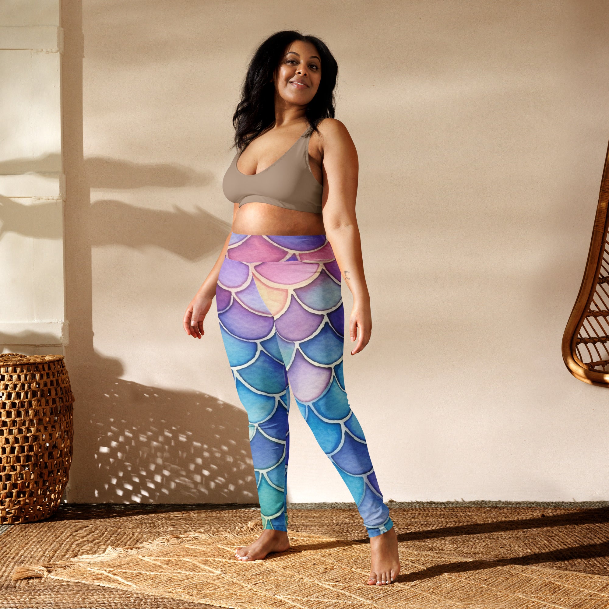 Women’s watercolor mermaid buttery soft yoga leggings with mermaid-scale pattern in gradient purple blue and teal hues
