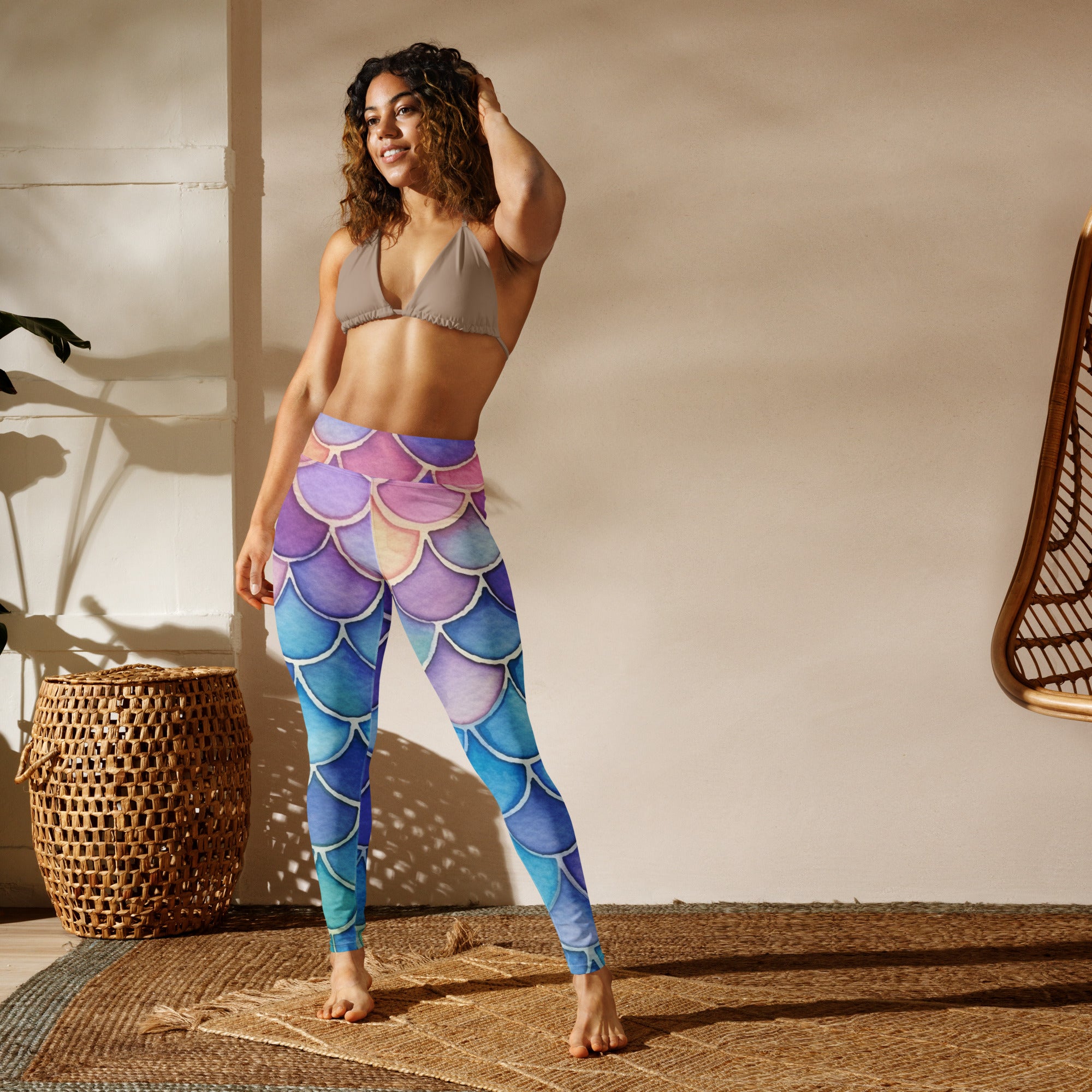 Women’s watercolor mermaid buttery soft yoga leggings with gradient purple blue and teal mermaid scale pattern