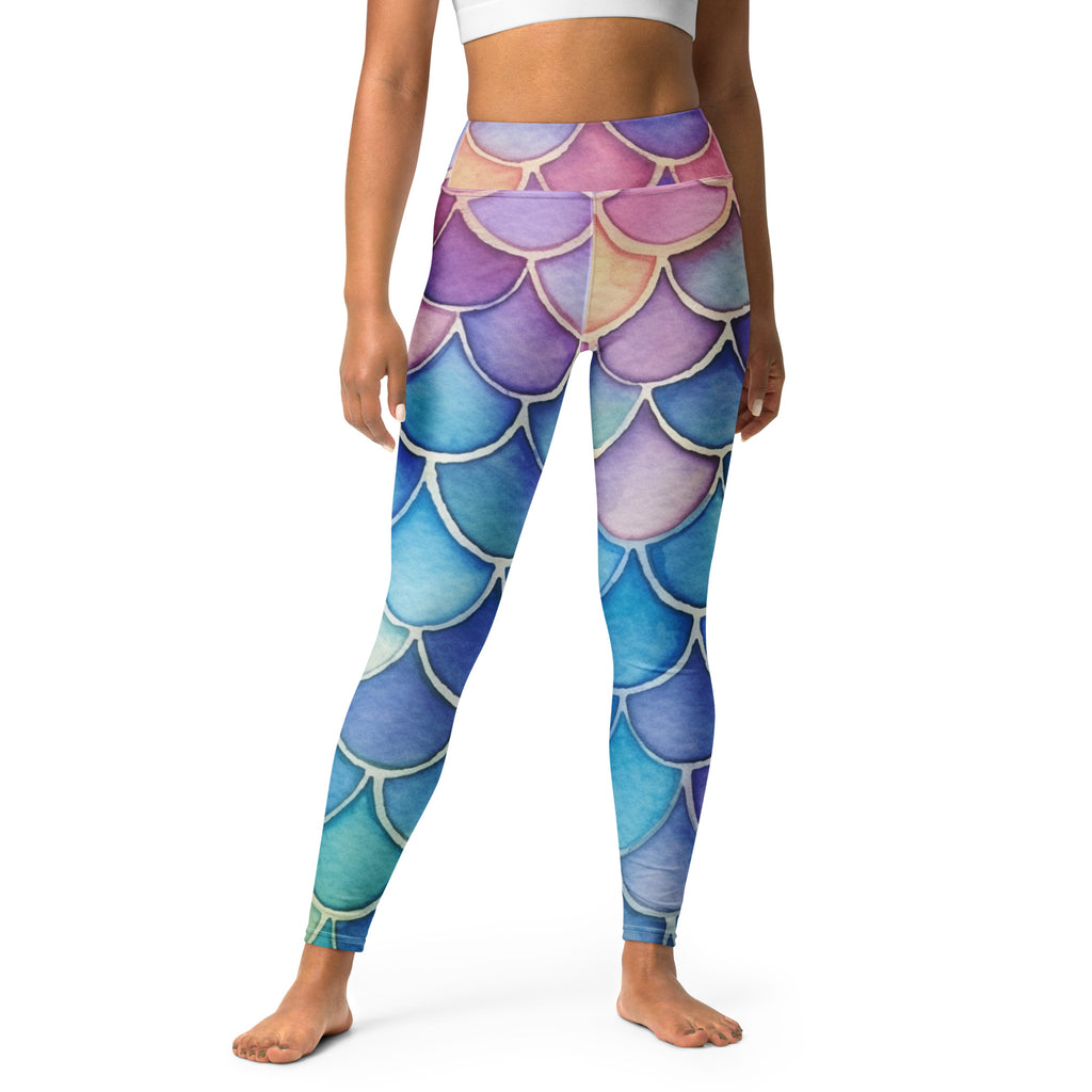 Women’s buttery soft high-waisted yoga leggings with mermaid scale pattern in purple blue and teal gradient hues