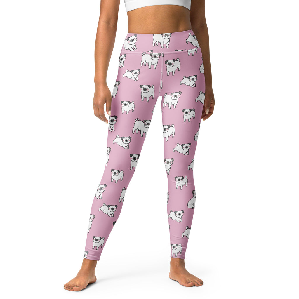 Women pink high-waisted buttery soft yoga leggings with playful cartoon pug pattern in various poses