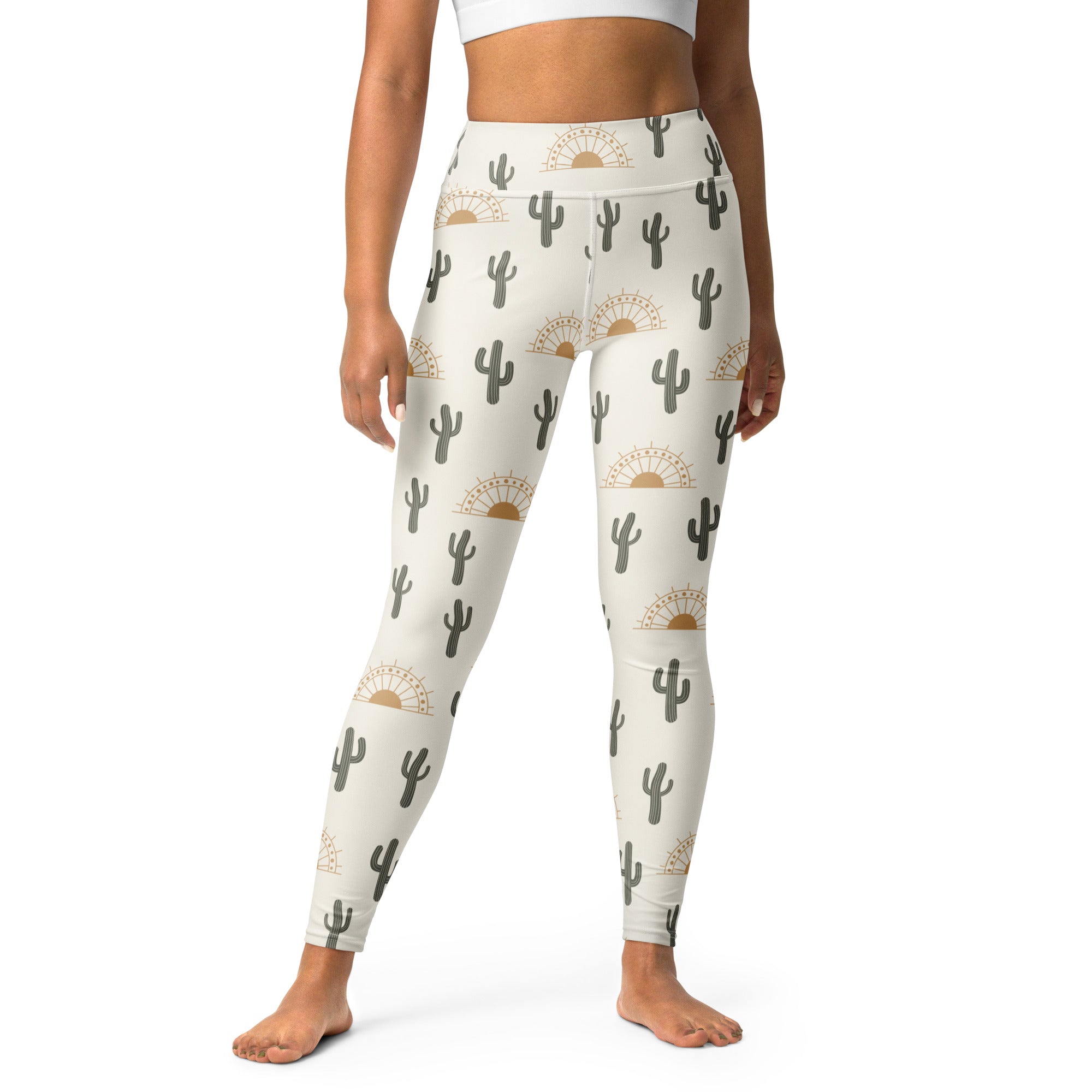 Women’s cactus desert sunrise buttery soft cream high-waisted leggings with black cacti and gold sunburst pattern