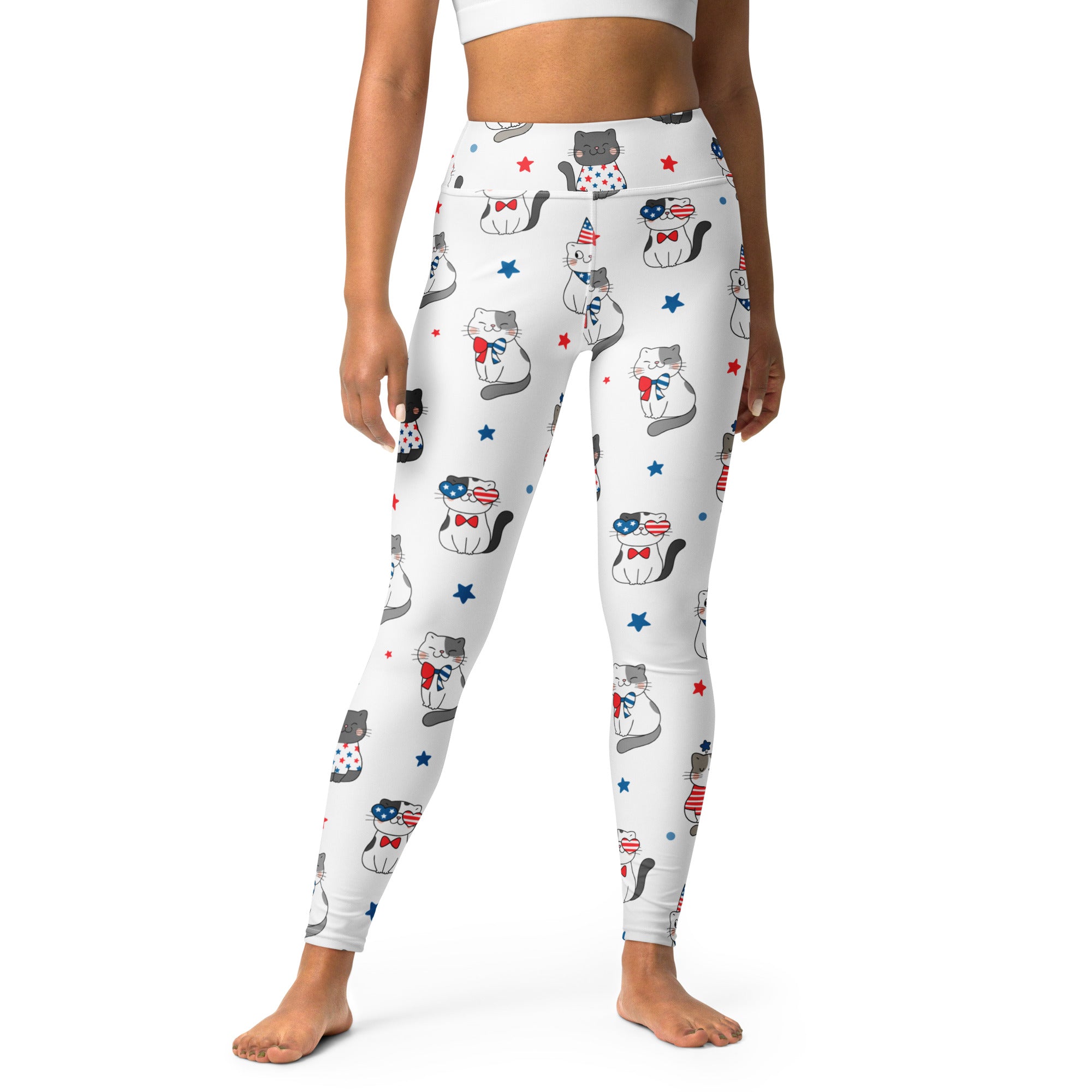 White buttery soft women’s yoga leggings with patriotic cartoon cats and red white blue stars pattern