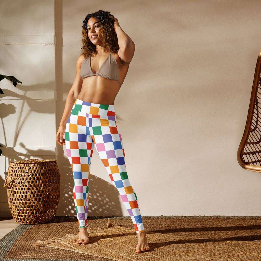 Women’s colorful rainbow checkered high-waisted buttery soft yoga leggings for comfortable activewear