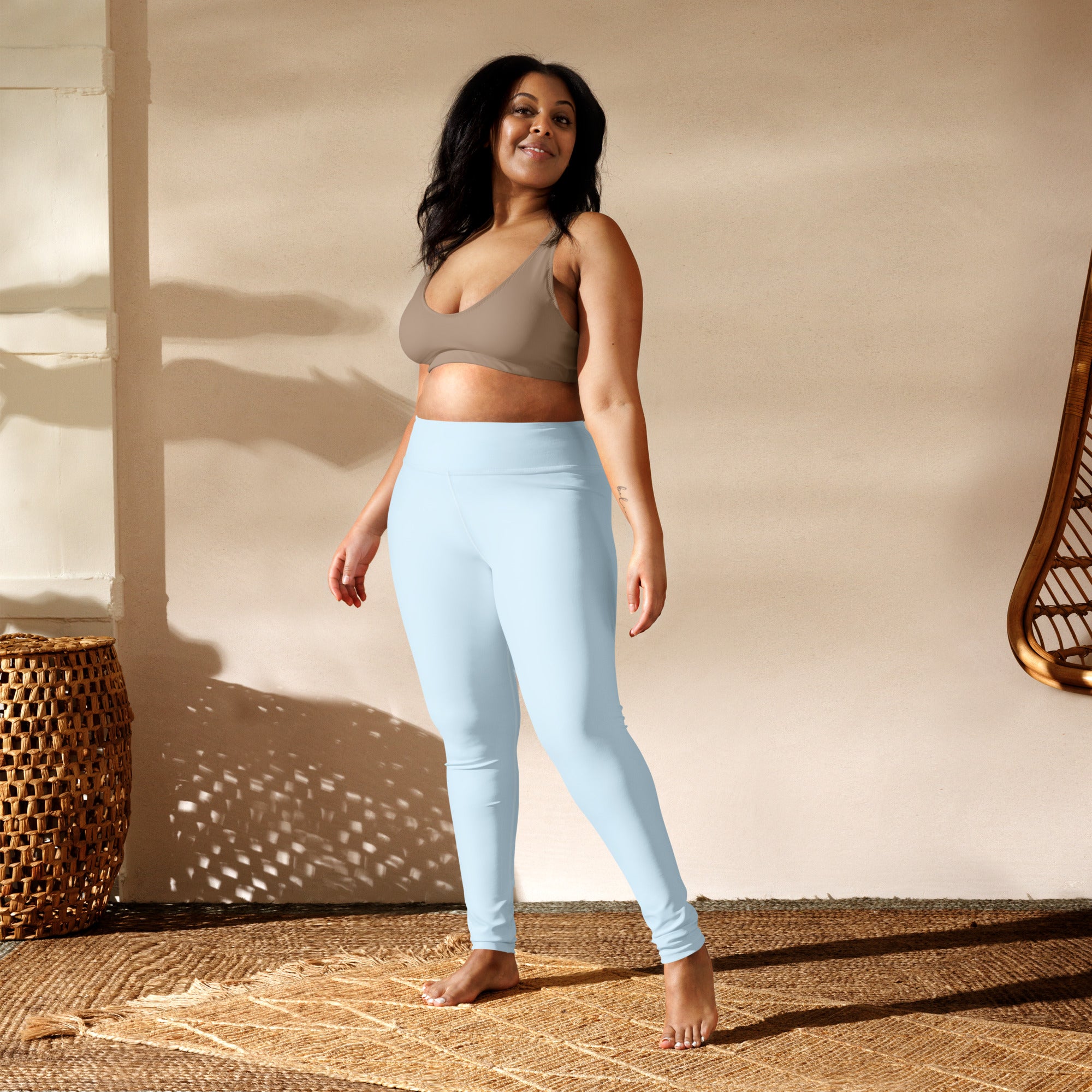 Light blue high-waisted buttery soft yoga leggings for women designed for comfort and flexibility