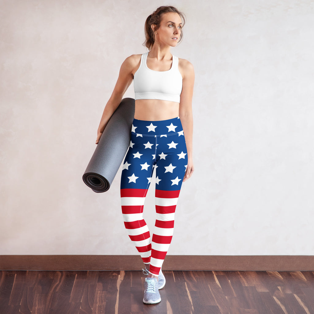 Women’s american flag buttery soft yoga leggings with high waist blue red and white star and stripe pattern