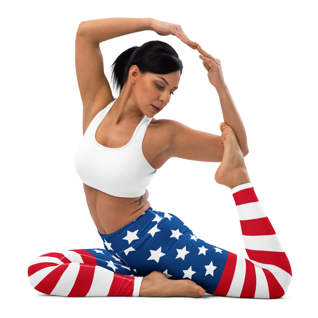 Women’s american flag buttery soft yoga leggings with red white and blue stars and stripes design