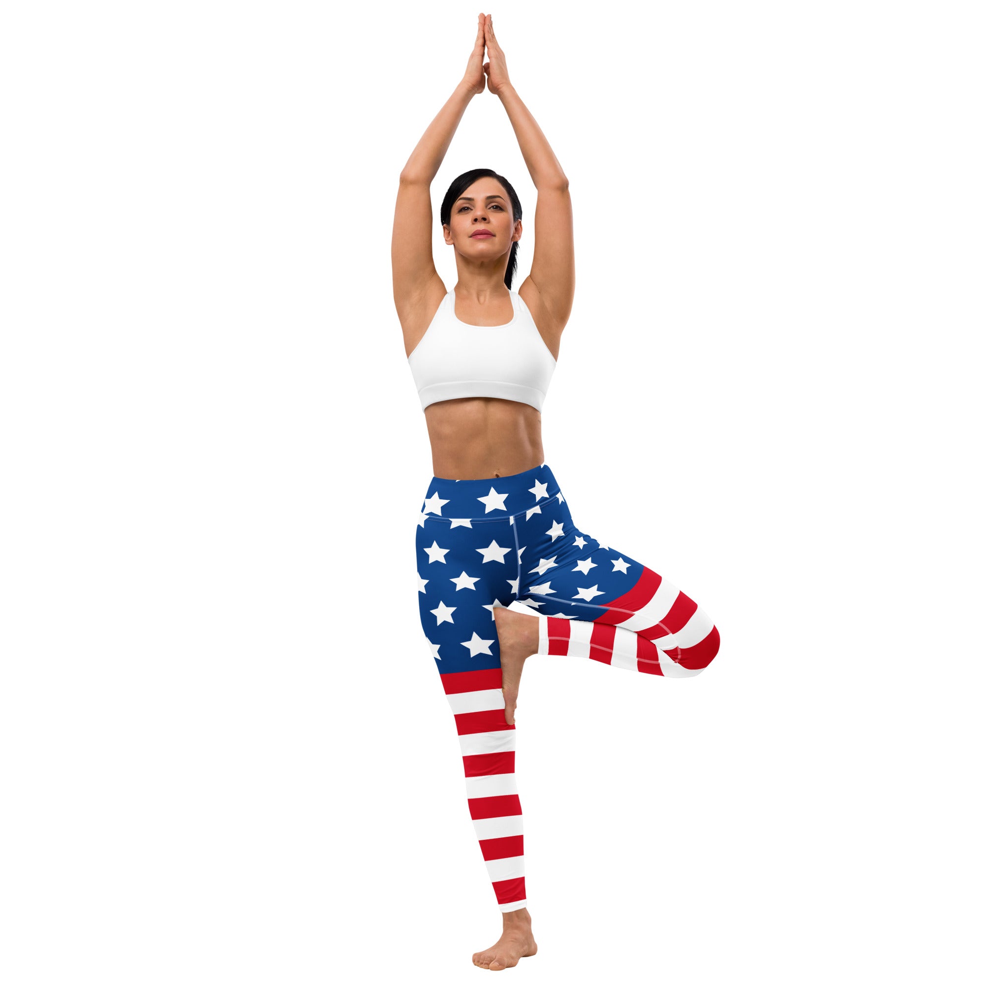 Women’s american flag buttery soft yoga leggings with stretchy form-fitting design in red white and blue colors