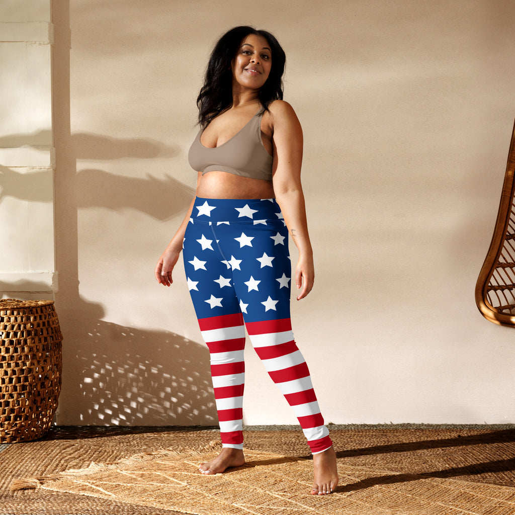 Women’s american flag buttery soft yoga leggings featuring blue star upper and red white striped lower legs