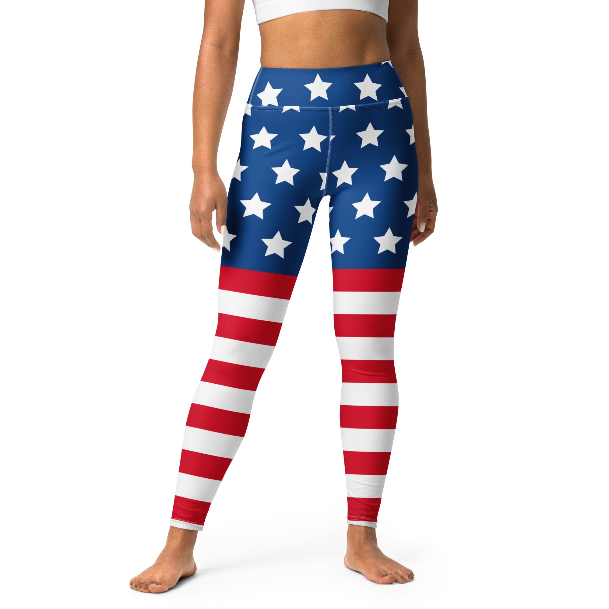 Women’s american flag buttery soft yoga leggings in blue red and white with high-waisted stretchy fabric design