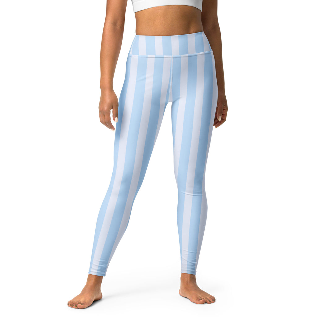 Women’s light blue and white striped high waisted buttery soft yoga leggings with vertical stripes