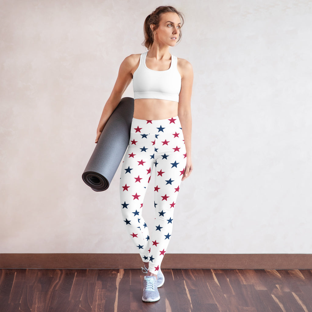 White buttery soft yoga leggings with red and blue star pattern for women