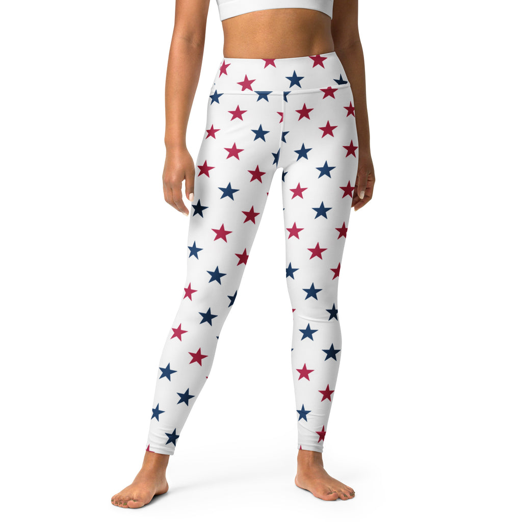 White high-waisted buttery soft yoga leggings with red and navy blue star pattern for women