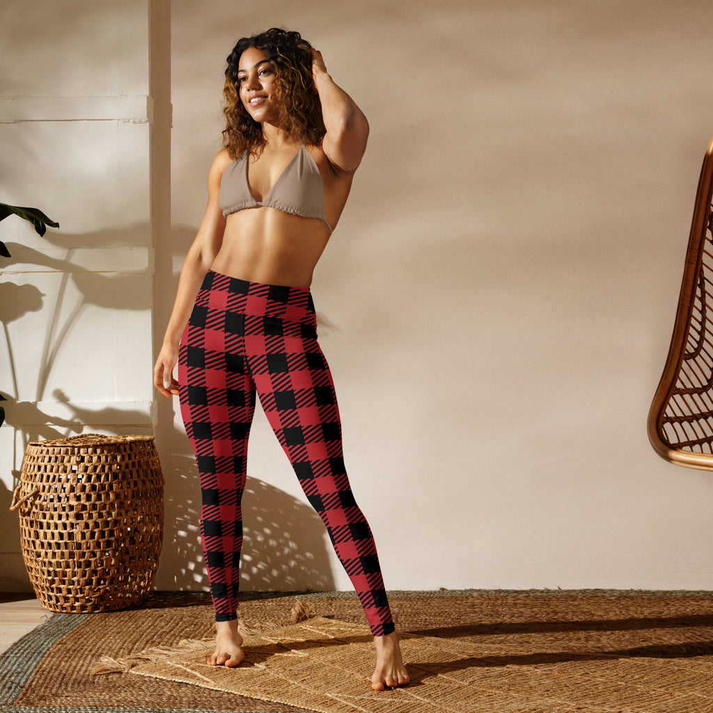 Women’s red buffalo plaid high-waisted buttery soft yoga leggings showing the front side of the product