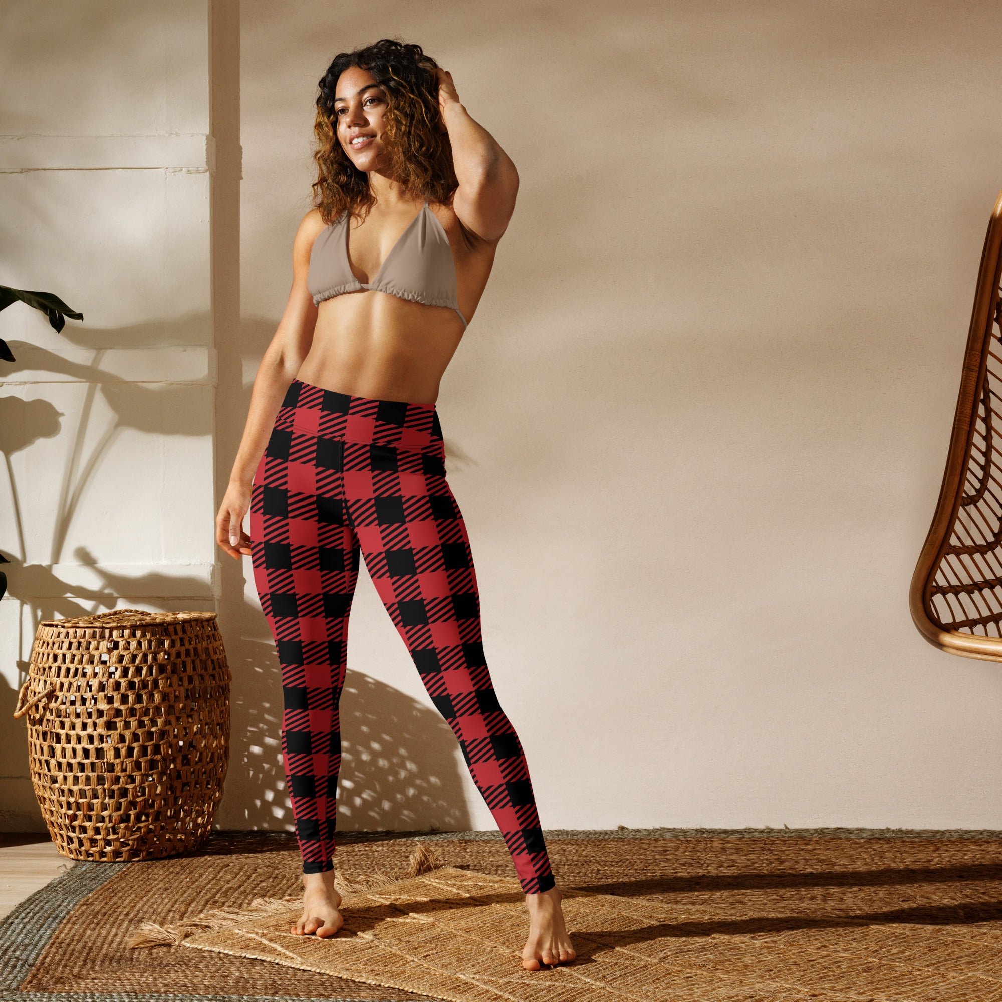 Women’s red buffalo plaid high-waisted buttery soft yoga leggings showing the front side of the product