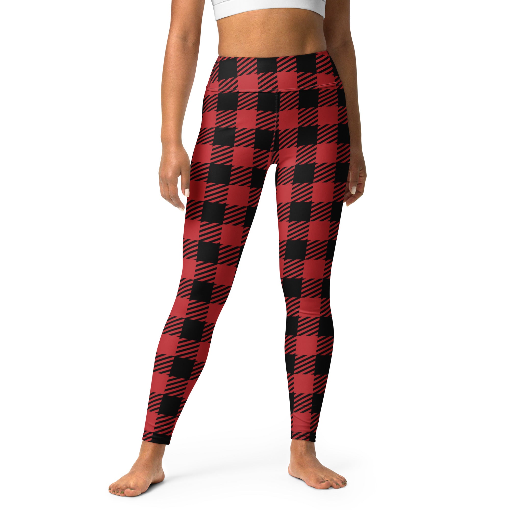 Women’s red buffalo plaid high-waisted leggings with buttery soft stretchy fabric designed for yoga and comfort