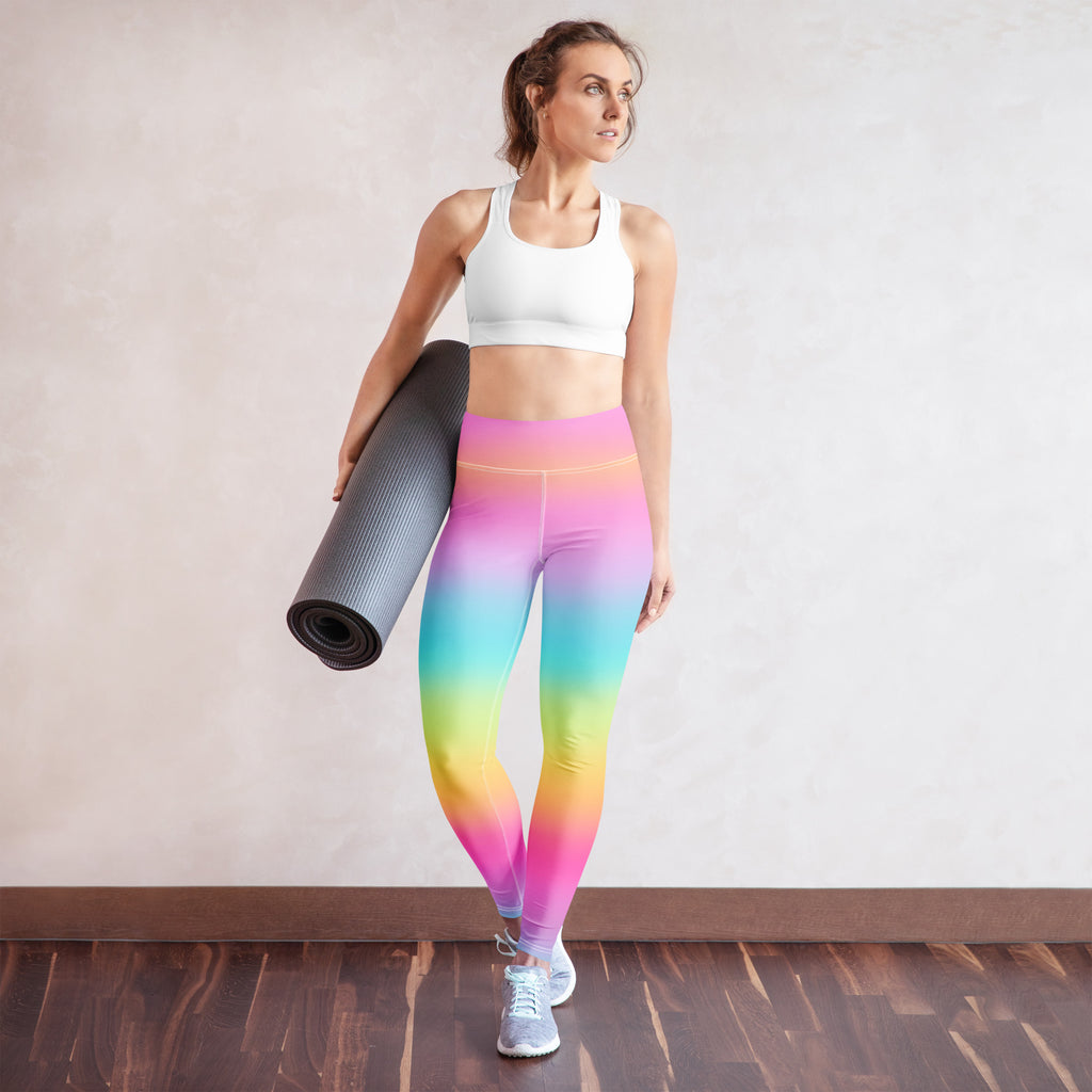 Women’s bright rainbow buttery soft yoga leggings with high-waisted design made from stretchy athletic fabric