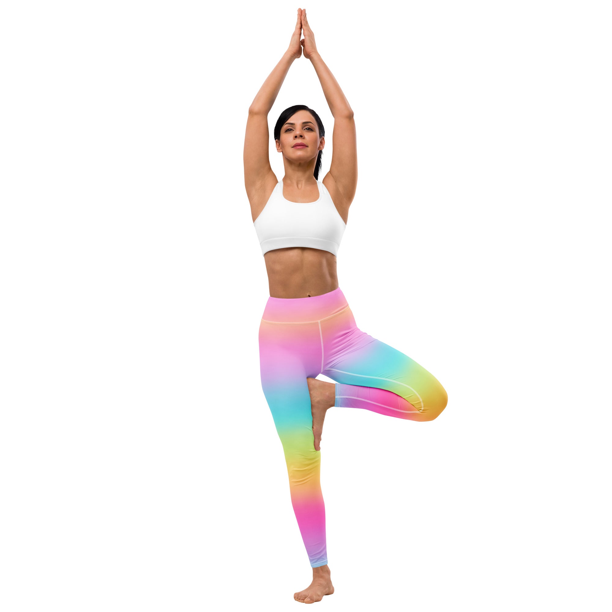Women’s bright rainbow buttery soft yoga leggings in a smooth stretchy fabric with vibrant gradient colors