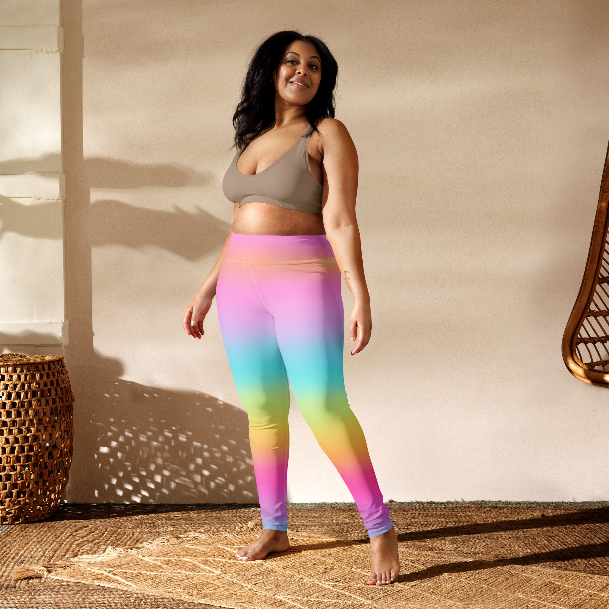 Women’s bright rainbow buttery soft yoga leggings in stretchy form-fitting fabric with vibrant gradient colors