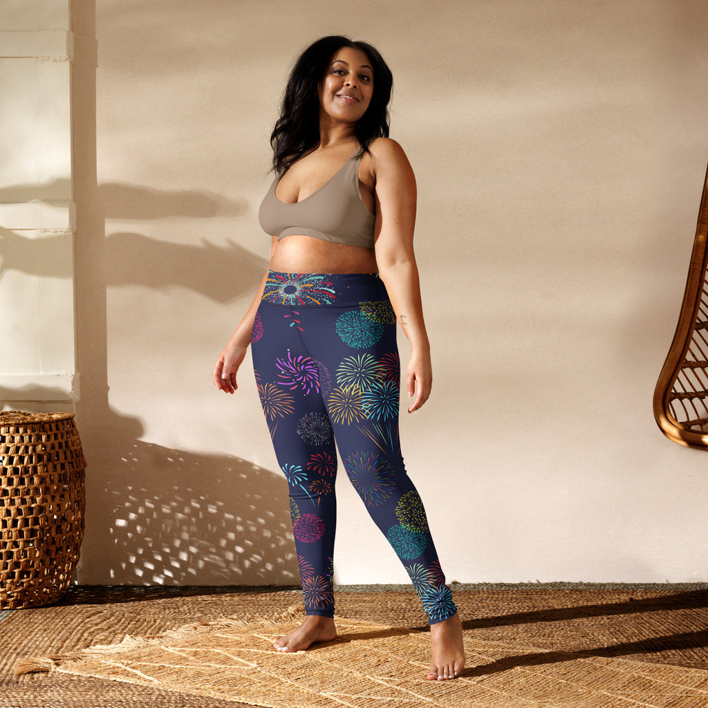 Navy blue women’s buttery soft yoga leggings with vibrant multicolored fireworks pattern