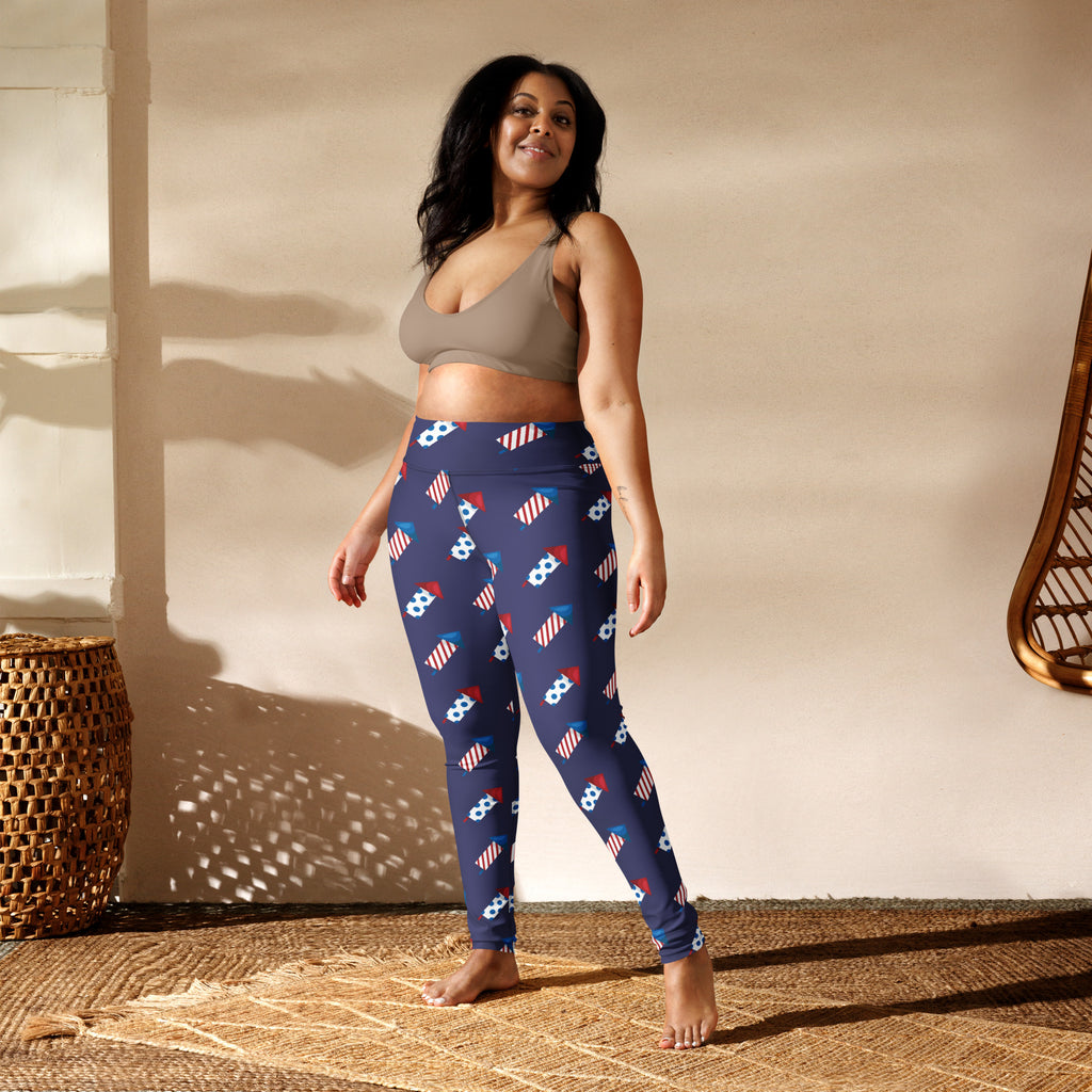 Women’s buttery soft navy blue yoga leggings with american flag popsicle pattern for 4th of july celebration