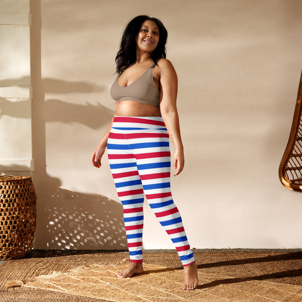 Womens butter soft red white and blue striped yoga leggings perfect for 4th of july workouts