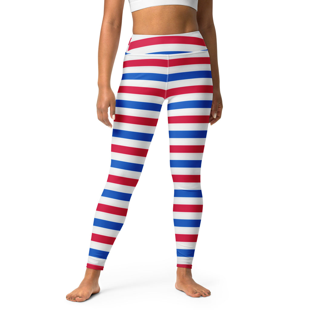 Women’s high-waisted red white and blue striped buttery soft yoga leggings for 4th of july workouts