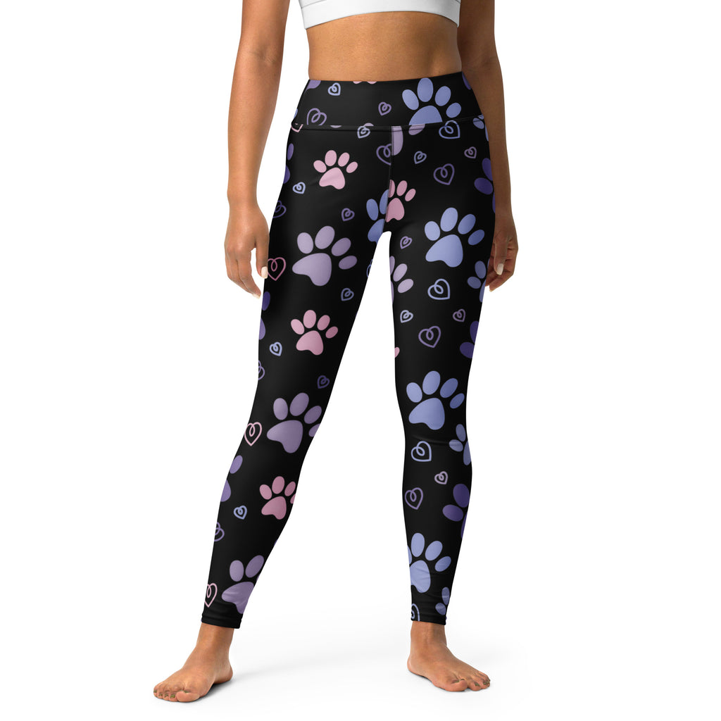 Black high-waisted buttery soft yoga leggings with pastel pink and purple paw prints and small hearts for women