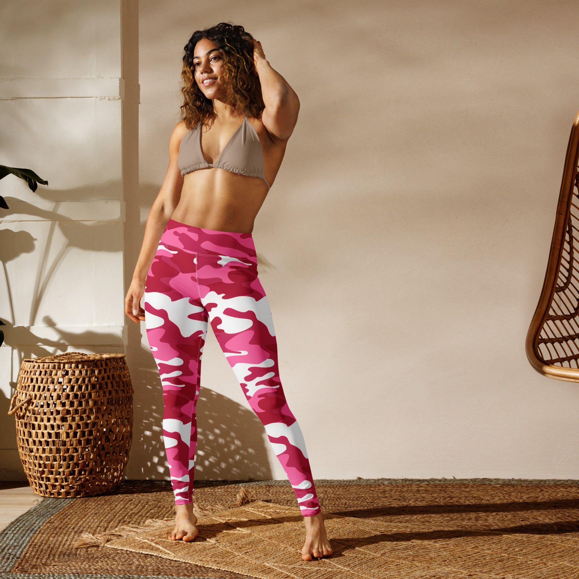 Women’s pink and white camouflage high-waisted buttery soft yoga leggings ideal for comfortable workouts