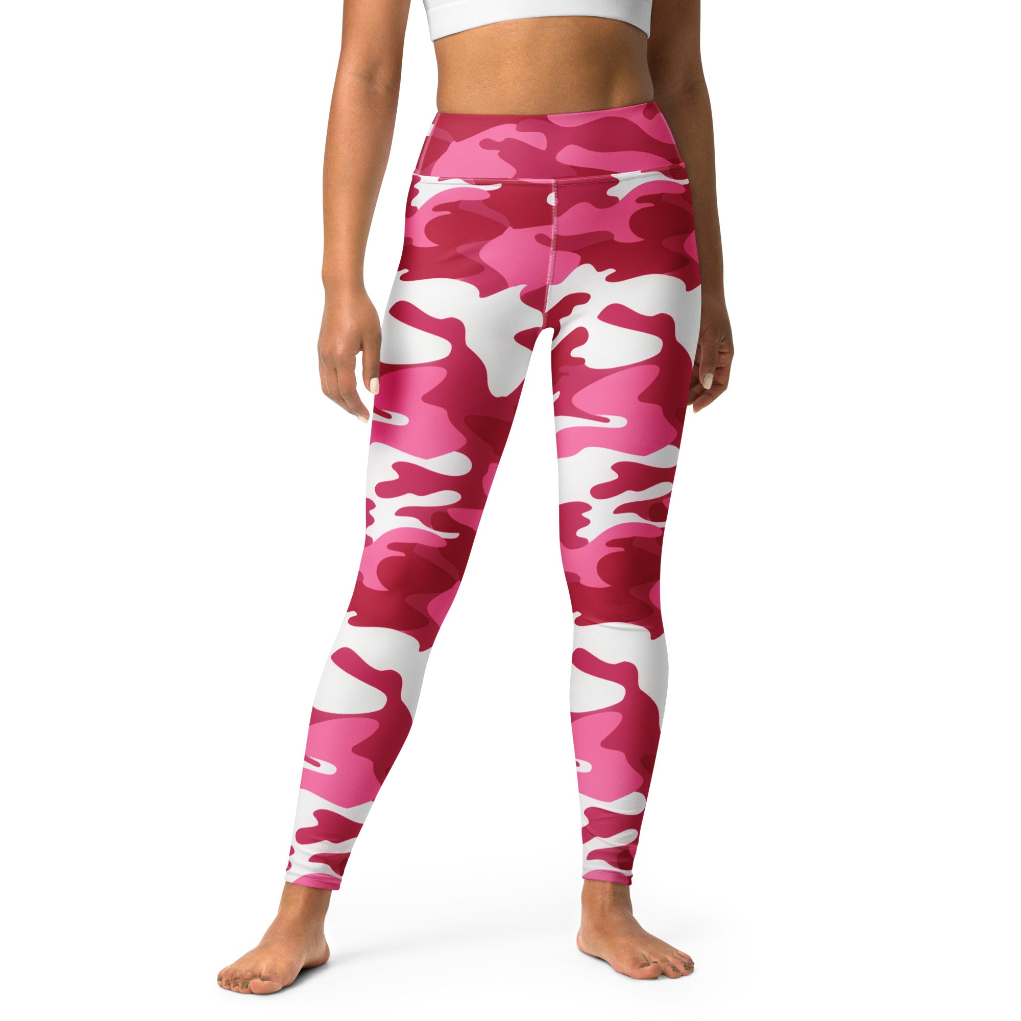 Women’s pink and white camouflage high-waisted buttery soft yoga leggings with a comfortable stretchy fit