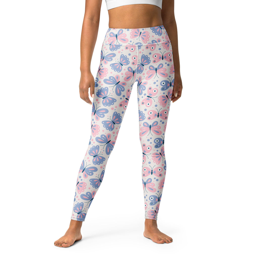 Women’s butterfly buttery soft yoga leggings in pink and blue with high waist and butterfly pattern