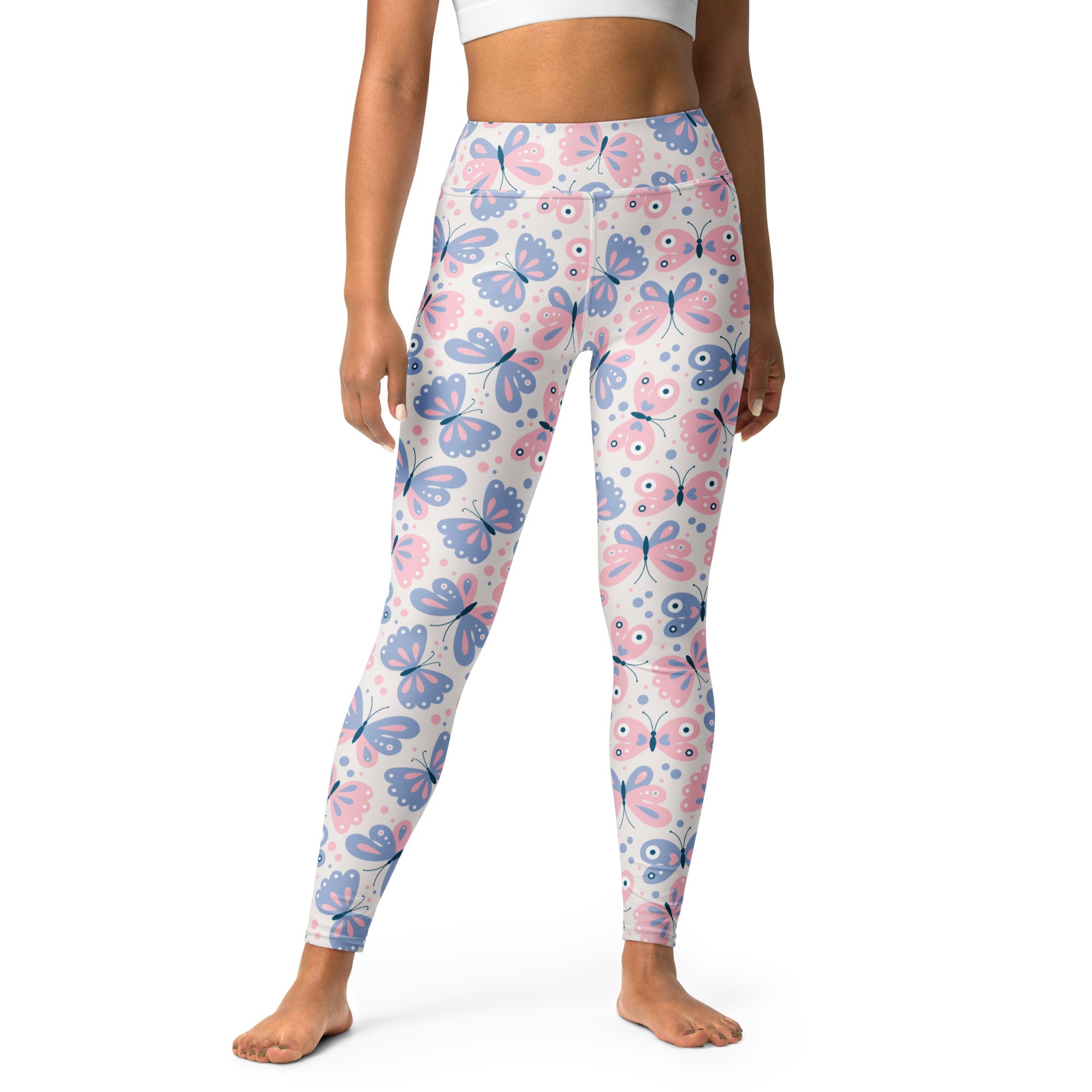 Women’s butterfly buttery soft yoga leggings in pink and blue with high waist and butterfly pattern
