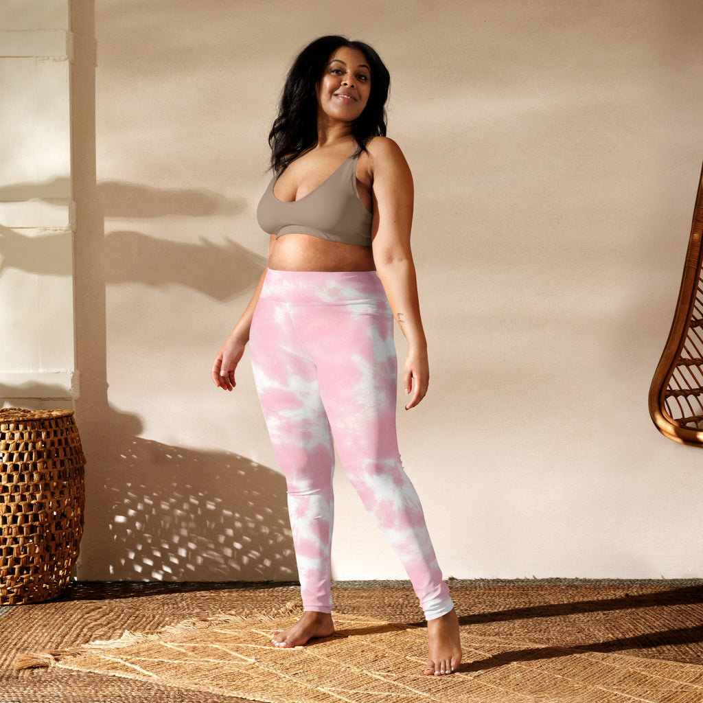 Women’s pink and white tie dye high waisted buttery soft yoga leggings showing front side details