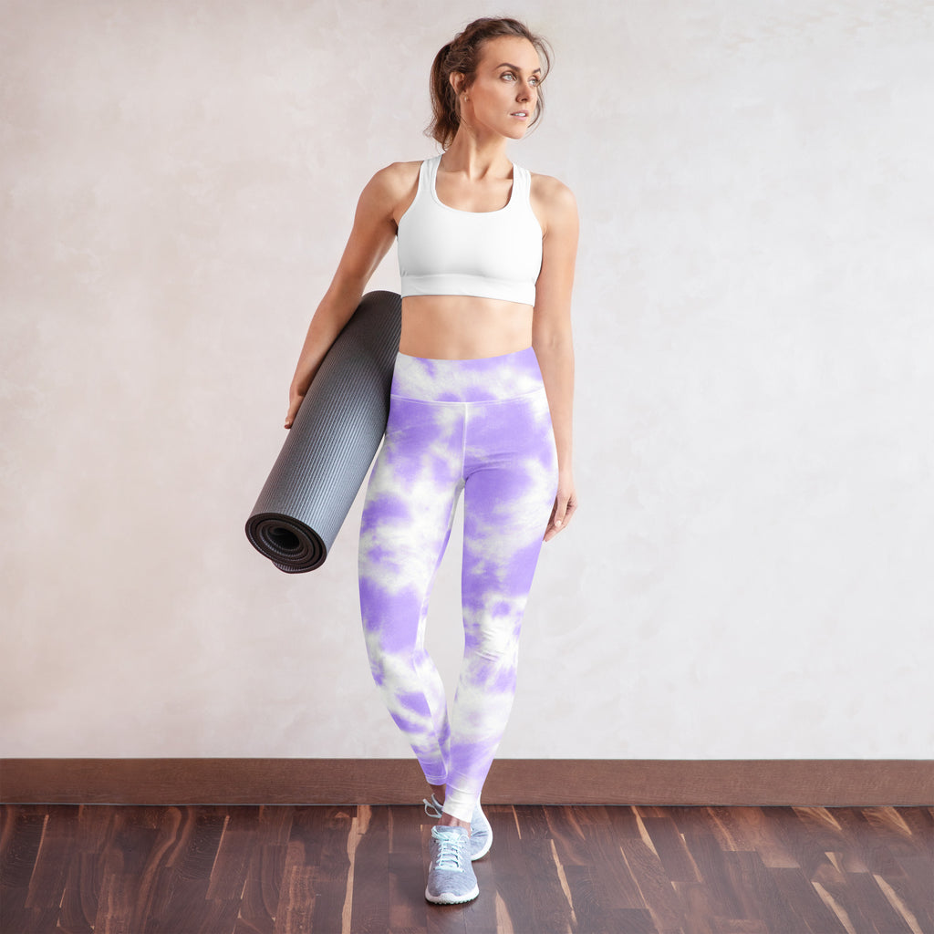 Women’s purple and white tie dye high waisted buttery soft yoga leggings shown from the front side
