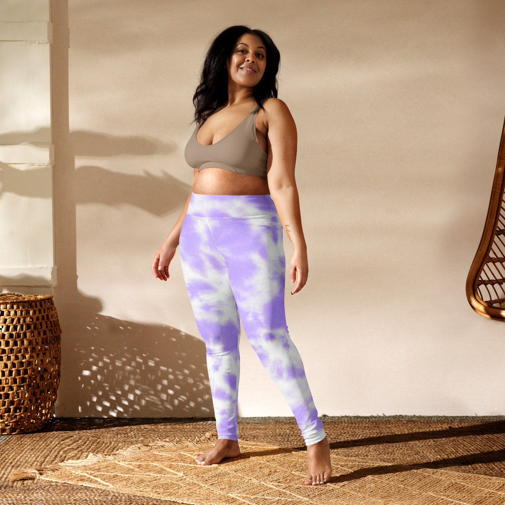 Women’s purple and white tie dye high waisted buttery soft yoga leggings shown from the back side