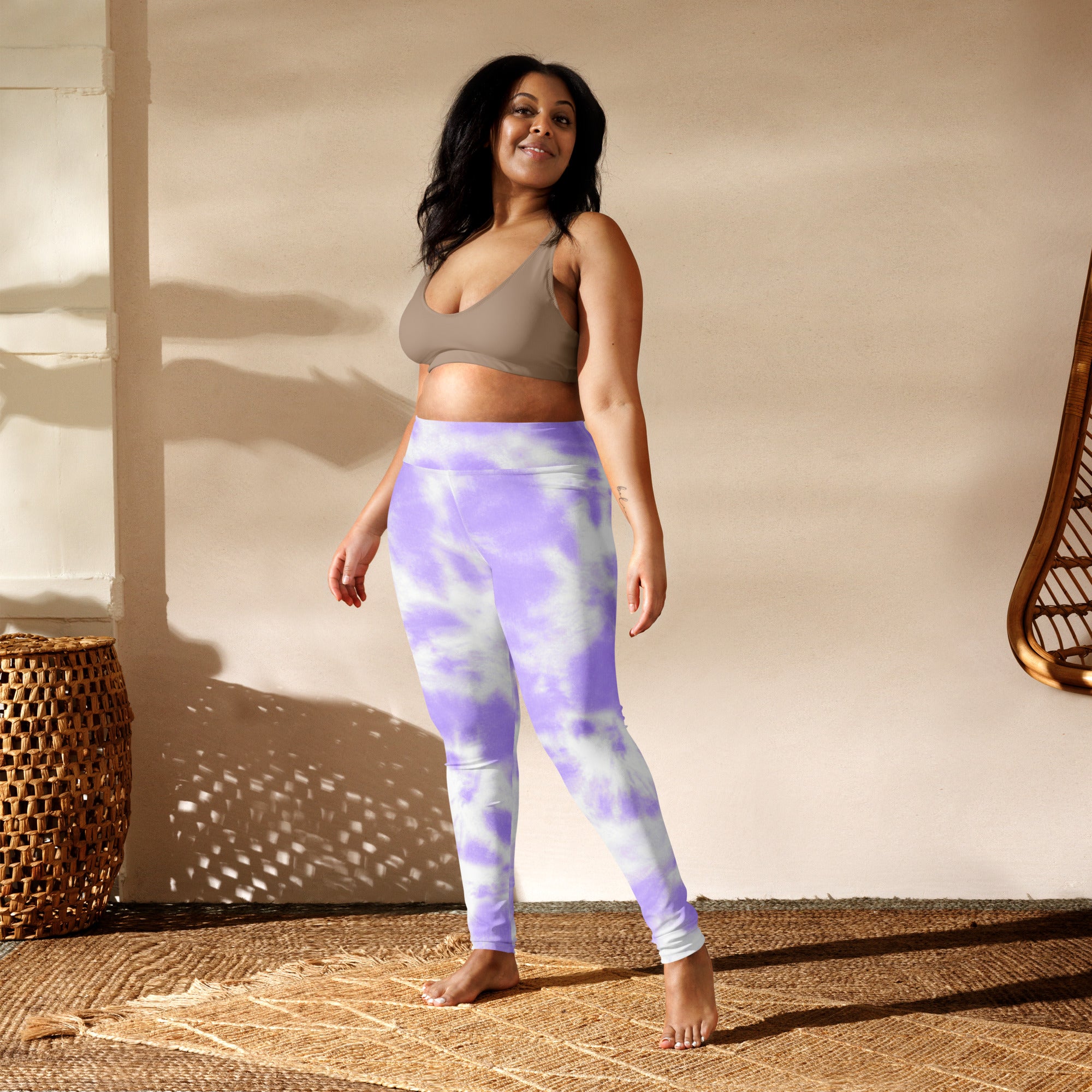 Women’s purple and white tie dye high waisted buttery soft yoga leggings shown from the back side