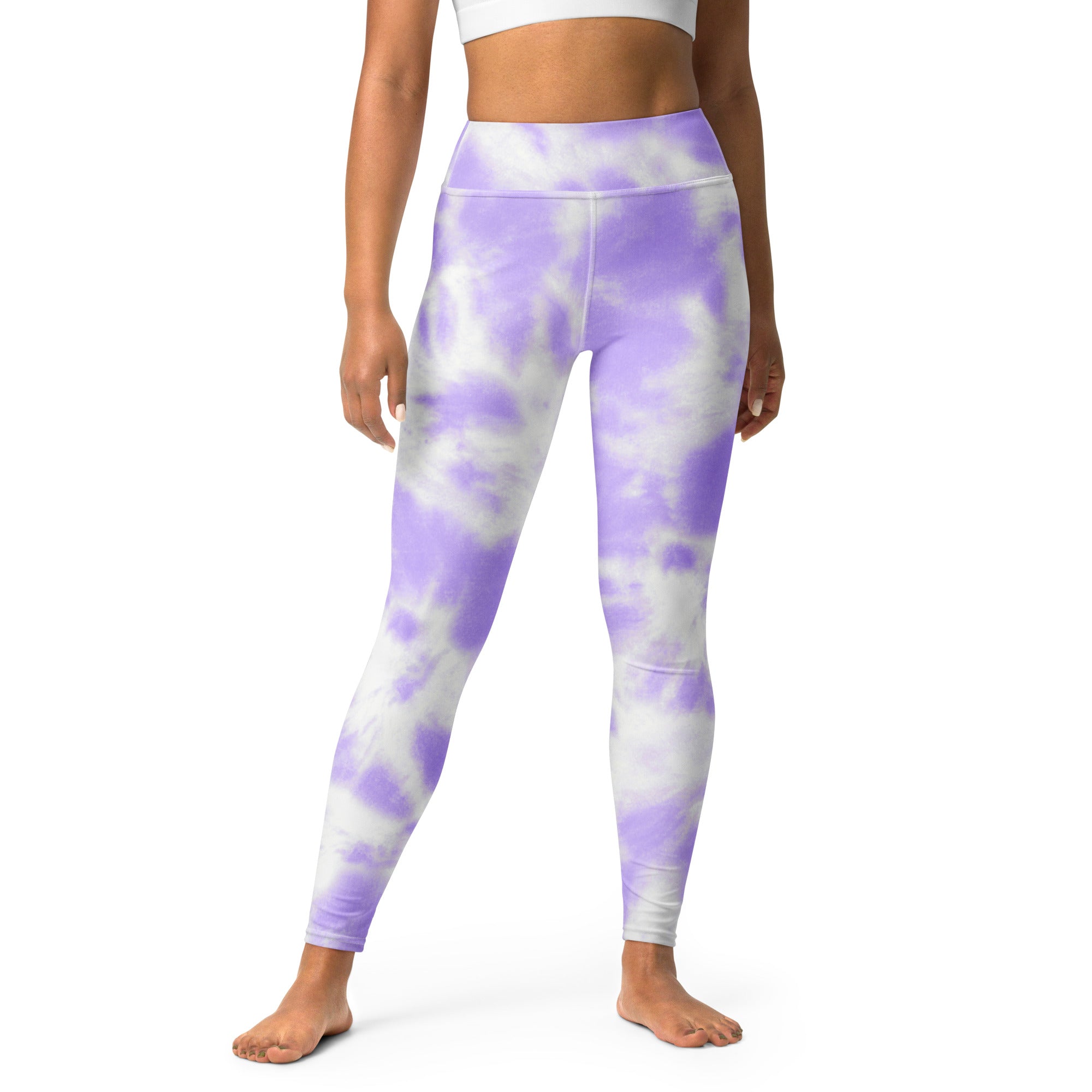 Women’s purple and white tie dye high waisted buttery soft yoga leggings shown from the back side