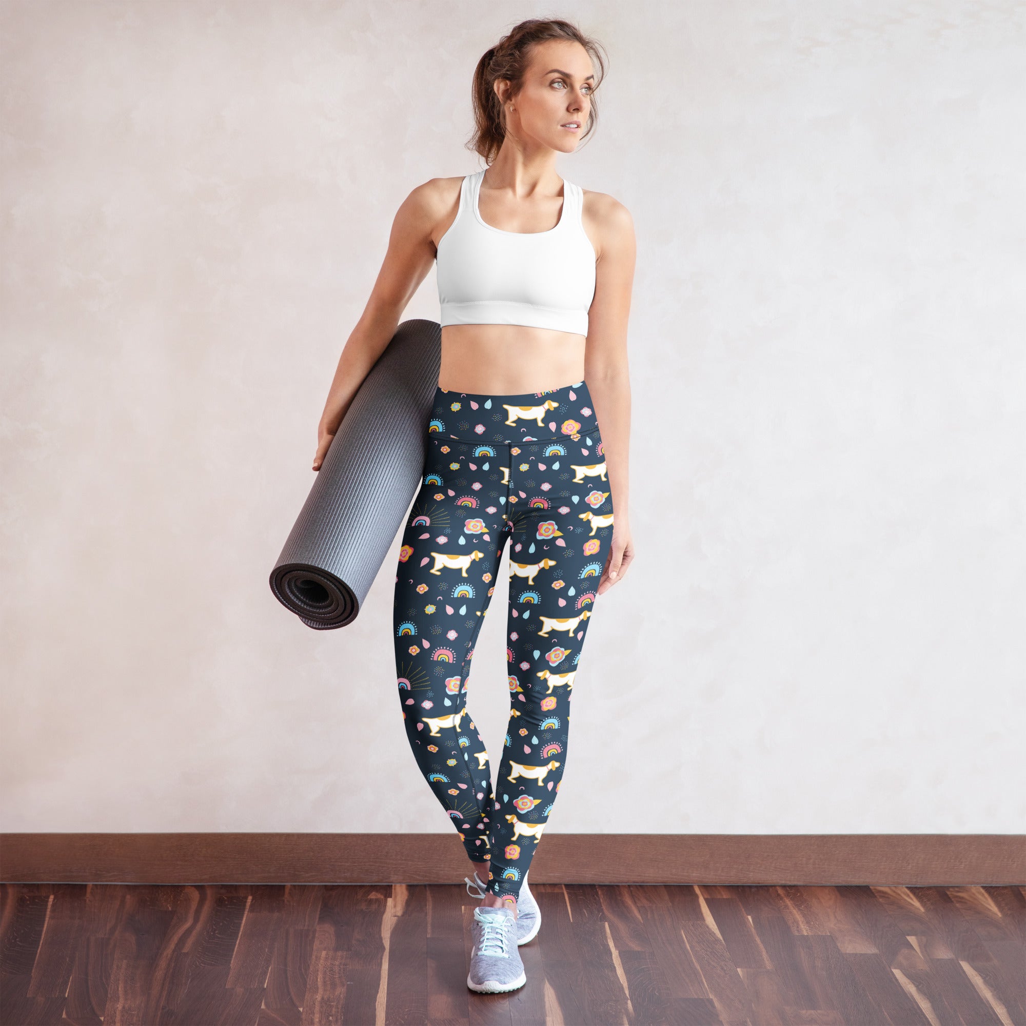 Women’s corgi themed buttery soft dark blue yoga leggings with yellow dachshunds rainbows and flowers pattern