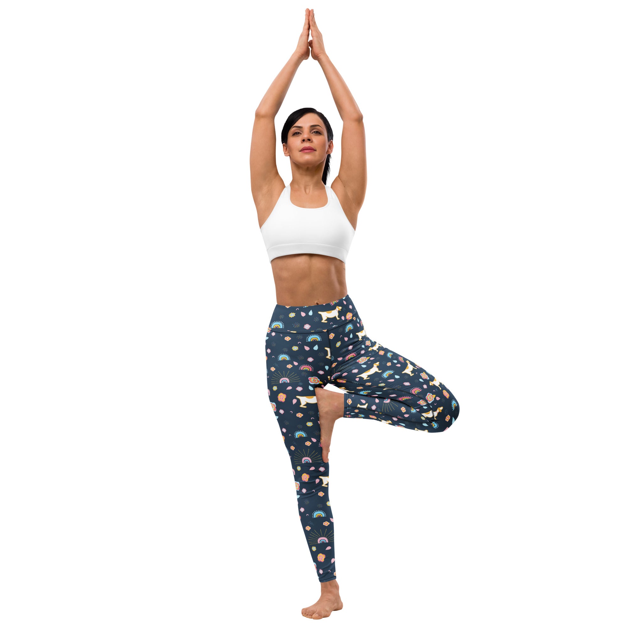 Dark blue high-waisted buttery soft yoga leggings with white dogs rainbows and sunbursts for women