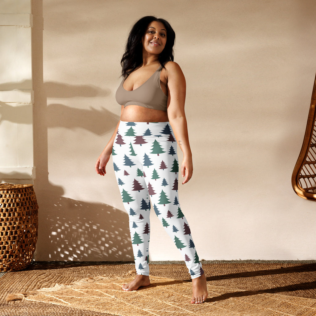 White buttery soft yoga leggings with green and brown pine tree pattern for women christmas wear
