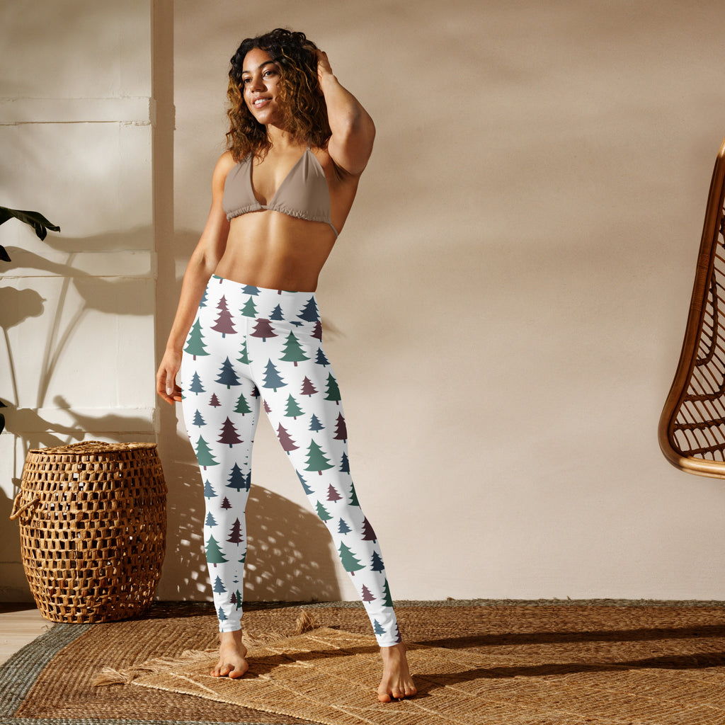 White womens buttery soft yoga leggings with green and brown pine tree pattern for christmas wear