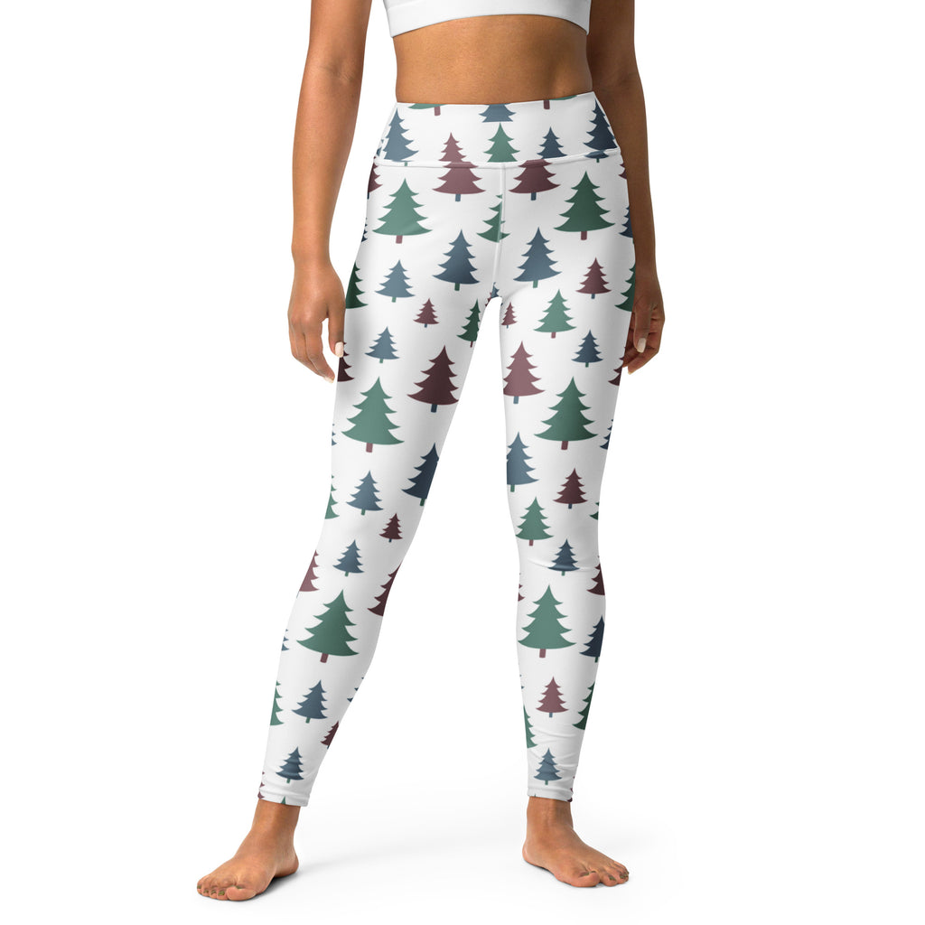 Women’s Christmas tree buttery soft white leggings with green and maroon pine tree pattern for yoga and casual wear